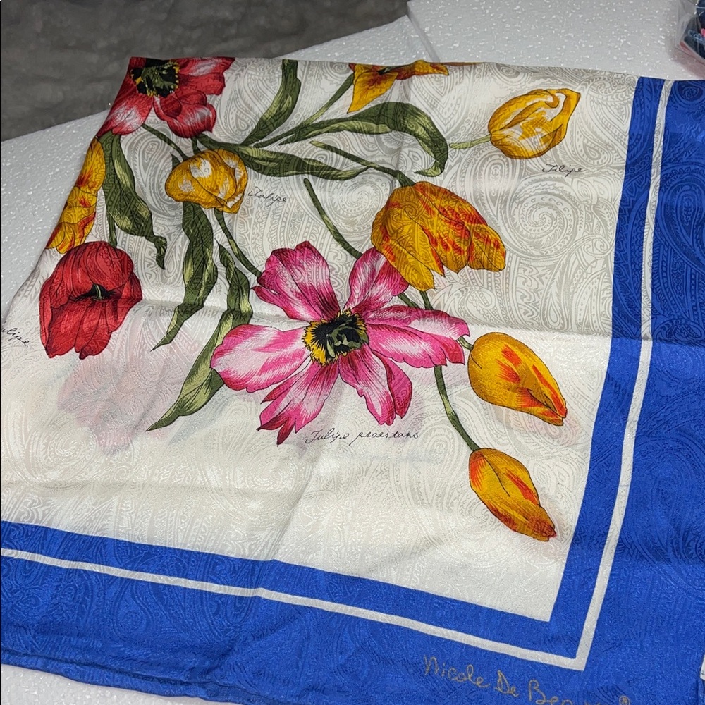 Floral Silk Scarf with Blue Border